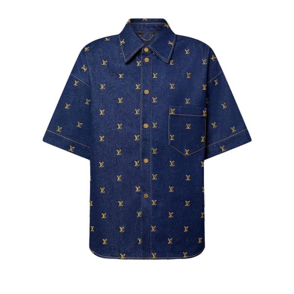 Embroidered Signature Short-Sleeved Denim Shirt
